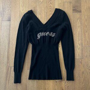 Vintage Y2K Guess Rhinestone Logo Sweater Medium Black Fitted Off Shoulder